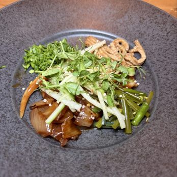 Moon Rabbit - Garlic Noodle | Mì Củ Nén hand rolled rice noodle, garlic miso, pickled garlic black vinegar onions - Vietnamese Near Me - Washington, DC, District of Columbia