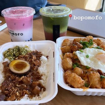 Bopomofo Cafe - Iced Taro Sweet Latte on the left and Iced Ba-La Matcha pictured on the right! - Bubble Tea Near Me - Artesia, California