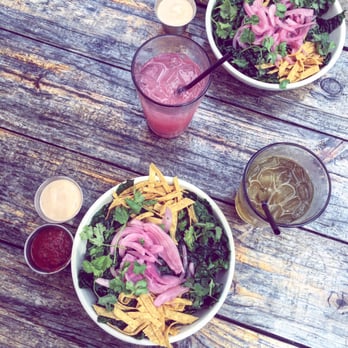 Seabirds Kitchen - Locals bowl with chipotle sour cream on the side, jasmine green tea, and prickly pear lemonade - Vegan Near Me - Costa Mesa, California Seabirds Kitchen - Locals bowl with chipotle sour cream on the side, jasmine green tea, and prickly pear lemonade - Vegan Near Me - Costa Mesa, California