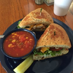 Our Daily Bread Bakery & Cafe - Spicy chicken grilled sandwich on focaccia and cup of vegetable soup