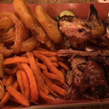 The Lancaster Smokehouse - 2 meat 2 side platter with honey garlic smoked wings(10/10), brisket(10/10), fries(5/10),onion rings(1/10),the special dip(12/10). - Smokehouse Near Me - Kitchener, Ontario