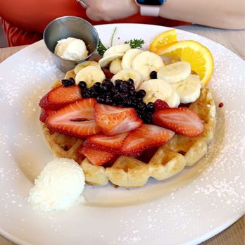 The Palms Cafe - Waffle with Strawberry and Banana - Cafes Near Me - La Quinta, California The Palms Cafe - Waffle with Strawberry and Banana - Cafes Near Me - La Quinta, California
