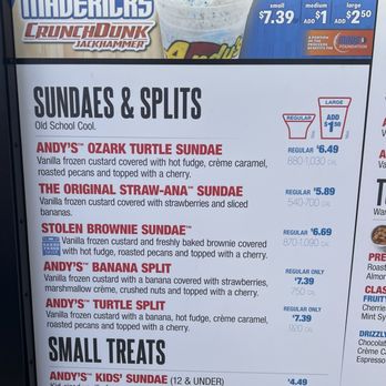 Andy's Frozen Custard - Sundaes & Splits. Menu as of 02/24/2024 - Desserts Near Me - Dallas, Texas