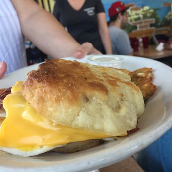 Franks A Lot - Breakfast biscuit sandwich with potato pancakes. Yum!! Biscuits made fresh each day!! - Breakfast & Brunch Near Me - Waterford, Michigan