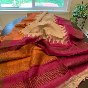 Tjee Exclusives - Printed tussar silk with zari border and pallu. - Pop-up Shops Near Me Tjee Exclusives - Printed tussar silk with zari border and pallu. - Pop-up Shops Near Me