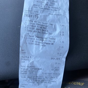 Sonic Drive-In - There is my receipt Would like if management would contacted me - Burgers Near Me - Beaumont, California Sonic Drive-In - There is my receipt Would like if management would contacted me - Burgers Near Me - Beaumont, California