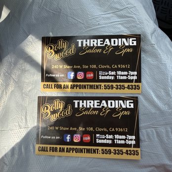 Bollywood Threading Salon & Spa - Business card with location and hours - Threading Services Near Me - Clovis, California