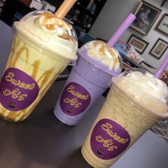 Sweet A's - From left to right: Vanilla Caramel, Ube/Taro, and Nutella milkshakes - Bookstores Near Me - Pittsburg, California