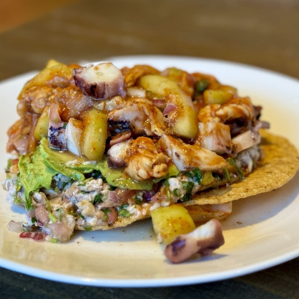 Mariscos Jalisco - Poseidon's mix of fresh seafood, spicy salsa, and crunchy tostada shells - Seafood Near Me - Los Angeles, California