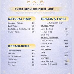 Studio 75 Hair Academy - Natural Hair Style Pricing