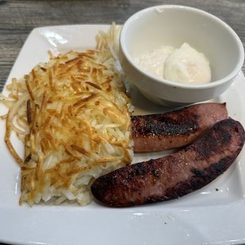 The Pan - Two Egg Breakfast with poached eggs, hash browns and kielbasa. - Breakfast & Brunch Near Me - Santa Ana, California The Pan - Two Egg Breakfast with poached eggs, hash browns and kielbasa. - Breakfast & Brunch Near Me - Santa Ana, California
