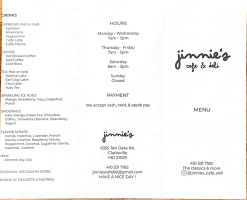 Menu photo 1 Jinnie’s Cafe & Deli Clarksville, MD Menu photo 1 Jinnie’s Cafe & Deli Clarksville, MD