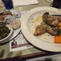 US 13 Grill & Catering - Grilled pork chops, with 2 sides or bakes sweet potatoes & collard greens.  ( I had soup as my starter)