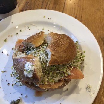 Frothy Monkey - A dried out bagel with 4 thin pieces of lox, a little cream cheese and sprouts. No onion or tomatoes. - Coffee & Tea Near Me - Nashville, Tennessee