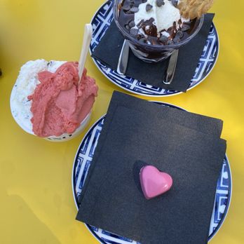 Botolino Gelato Artigianale - Coconut ice cream with strawberry gelato. I also got a bonbon thing. My friend got the little ice cream with chocolate. - Gelato Near Me - Dallas, Texas