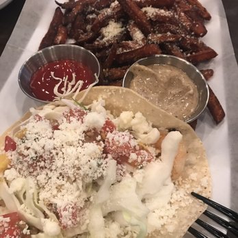 Proudest Monkey - License to Krill taco and yuppy sweet potato fries - Burgers Near Me - Bryan, Texas