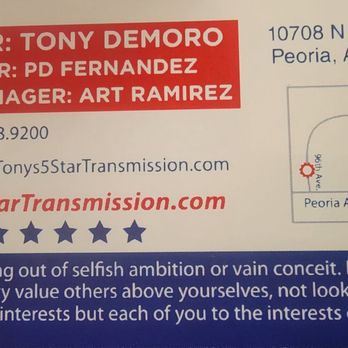 Tony's Five Star Transmission - The business card from the shop. - Auto Repair Near Me - Peoria, Arizona Tony's Five Star Transmission - The business card from the shop. - Auto Repair Near Me - Peoria, Arizona