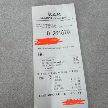 Vip Cleaners - Cost for cleaning, pressing, and stain removals for 3 distinct items: $40.71 - Laundry Services Near Me - Los Angeles, California Vip Cleaners - Cost for cleaning, pressing, and stain removals for 3 distinct items: $40.71 - Laundry Services Near Me - Los Angeles, California