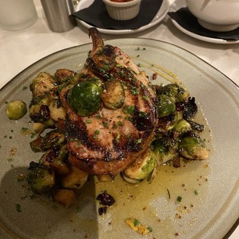 Shorebird - Duroc Pork Chop with Brussel sprouts - Seafood Near Me - Palm Desert, California Shorebird - Duroc Pork Chop with Brussel sprouts - Seafood Near Me - Palm Desert, California