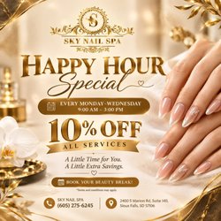 At SKY NAIL SPA, Happy Hour is your invitation to slow down, refresh your nails, and enjoy a beauty appointment without waiting for a specia