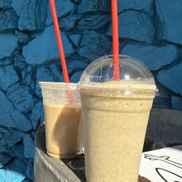 Iced Hazelnut latte & Peach + Pineapple Smoothie