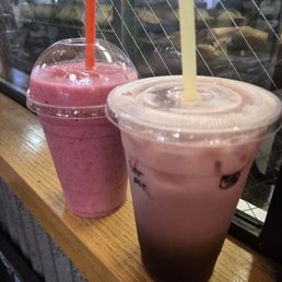Pink Dragon smoothie and strawberry milk tea Pink Dragon smoothie and strawberry milk tea