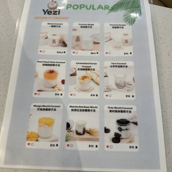 Yezi Coconut Dessert - Menu front - Desserts Near Me - Bellevue, Washington Yezi Coconut Dessert - Menu front - Desserts Near Me - Bellevue, Washington