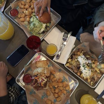 Green Goddess Sandwich, Fried Chicken Sandwich, and the Tater Hash