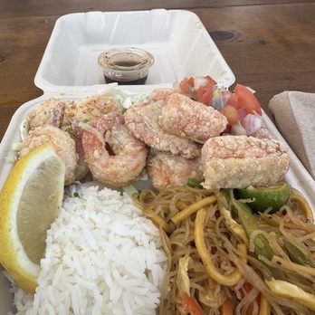 Da Soriano Grindz - Garlic shrimp, salmon belly, pancit, and rice! - Filipino Near Me - Kahului, Hawaii