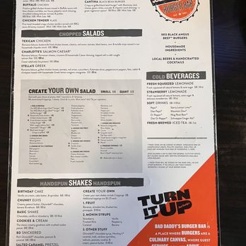 Bad Daddy's Burger Bar - Menu back - Burgers Near Me - Madison, Alabama