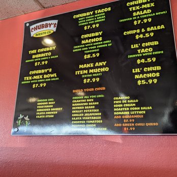 Chubby's Burrito - Menu board at Chubby's Burrito - Mexican Near Me - Pampa, Texas