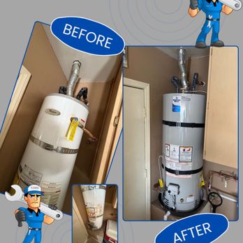 On Time Service Plumbing - Before and After of New Install of a 50-Gallon Gas Hot Water Heater. - Plumbing Near Me - Las Vegas, Nevada On Time Service Plumbing - Before and After of New Install of a 50-Gallon Gas Hot Water Heater. - Plumbing Near Me - Las Vegas, Nevada
