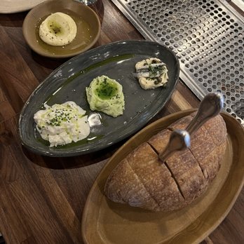 Esther's Kitchen - House made Sourdough bread with basil ricotta spread, anchovy butter, burrata, and the house butter - Italian Near Me - Las Vegas, Nevada