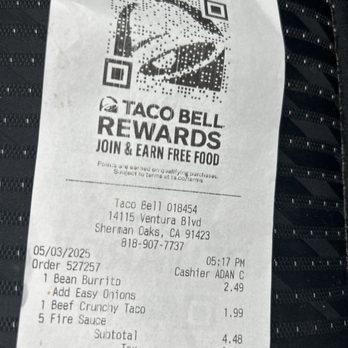 Taco Bell - Cut receipt. I'm not able to scan and get my rewards. - Fast Food Near Me - Sherman Oaks, California