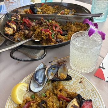 Cafe Sevilla - Paella Dividida Valenciana & mushroom with chicken added - Spanish Near Me - Costa Mesa, California