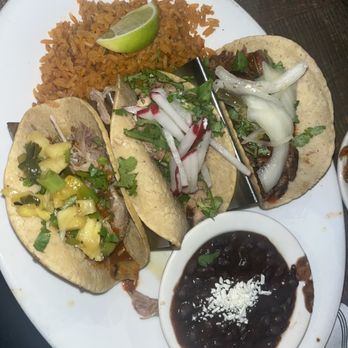 Cha Cha's Latin Kitchen - 3 tacos, L to R( carnitas, chicken, steak mojo) - Mexican Near Me - Irvine, California
