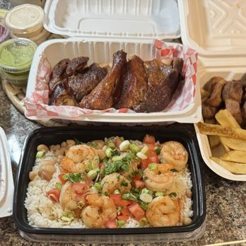 El Dorado Pollos A La Brasa - (Left to right) alfajore, sauces, rotisserie chicken, chicherrones with homemade fries, what was left of plantains & a bowl with shrimp - Peruvian Near Me - Pasadena, California El Dorado Pollos A La Brasa - (Left to right) alfajore, sauces, rotisserie chicken, chicherrones with homemade fries, what was left of plantains & a bowl with shrimp - Peruvian Near Me - Pasadena, California