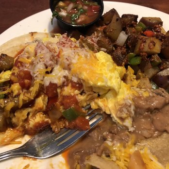Yosemite Falls Cafe - Huevos Rancheros with scrambled eggs and country potatoes with chorizo - American Near Me - Clovis, California
