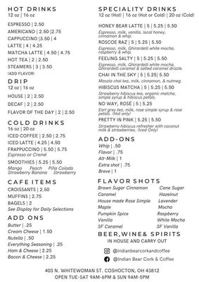 Menu photo 2 Indian Bear Cork & Coffee Coshocton, OH Menu photo 2 Indian Bear Cork & Coffee Coshocton, OH
