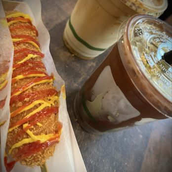 Cafe Soul Cups - Dubai Chocolate latte and the Biscoff Cookie latte with corn dog - Coffee & Tea Near Me - Cary, North Carolina