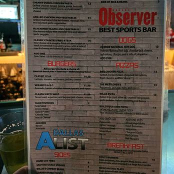 Wizard's Sports Cafe - Menu back - Cafes Near Me - Richardson, Texas