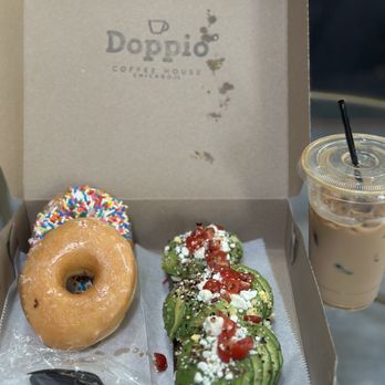 Doppio Coffee House - Avocado toast with egg added, fresh baked pastries, iced oat milk latte. - Coffee & Tea Near Me - Chicago, Illinois Doppio Coffee House - Avocado toast with egg added, fresh baked pastries, iced oat milk latte. - Coffee & Tea Near Me - Chicago, Illinois