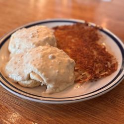 Hometown Charm Cafe - Biscuits and Gravy with hash browns.