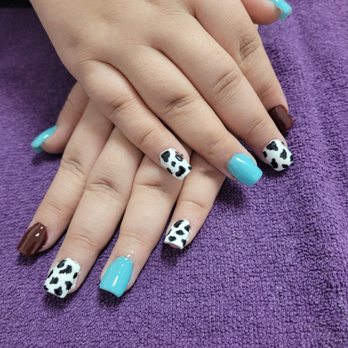 Nail Queen - Full acrylic short set done in blue & brow with cow print designs - Nail Technicians Near Me Nail Queen - Full acrylic short set done in blue & brow with cow print designs - Nail Technicians Near Me