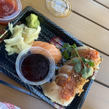 SushiStop Pasadena - (a002) Yuzu Albacore Roll, salmon nigiri - Sushi Bars Near Me - Pasadena, California SushiStop Pasadena - (a002) Yuzu Albacore Roll, salmon nigiri - Sushi Bars Near Me - Pasadena, California