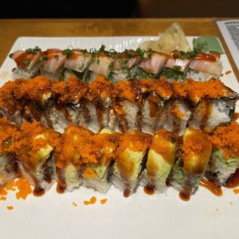 Akebono - Caterpillar (bottom), Dragon, and Akebono (top) Roll - Japanese Near Me - Sacramento, California