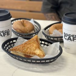 Bodega Cafe - Turkey & cheddar cheese on a plain bagel, deli chicken on a plain bagel, guava and cheese pastries & 2 special Lattes.