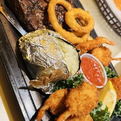 Andreas Restaurant - 12oz steak and Prawns with extras