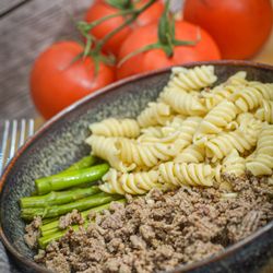 On The Road Meals - Back to the Basics (B2B) options include three ingredient & simpler meals! Here's the Ground beef, asparagus & rotini.