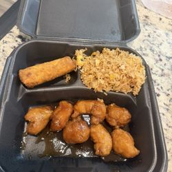 Golden Crown - Honey chicken, rice and an egg rolls.
